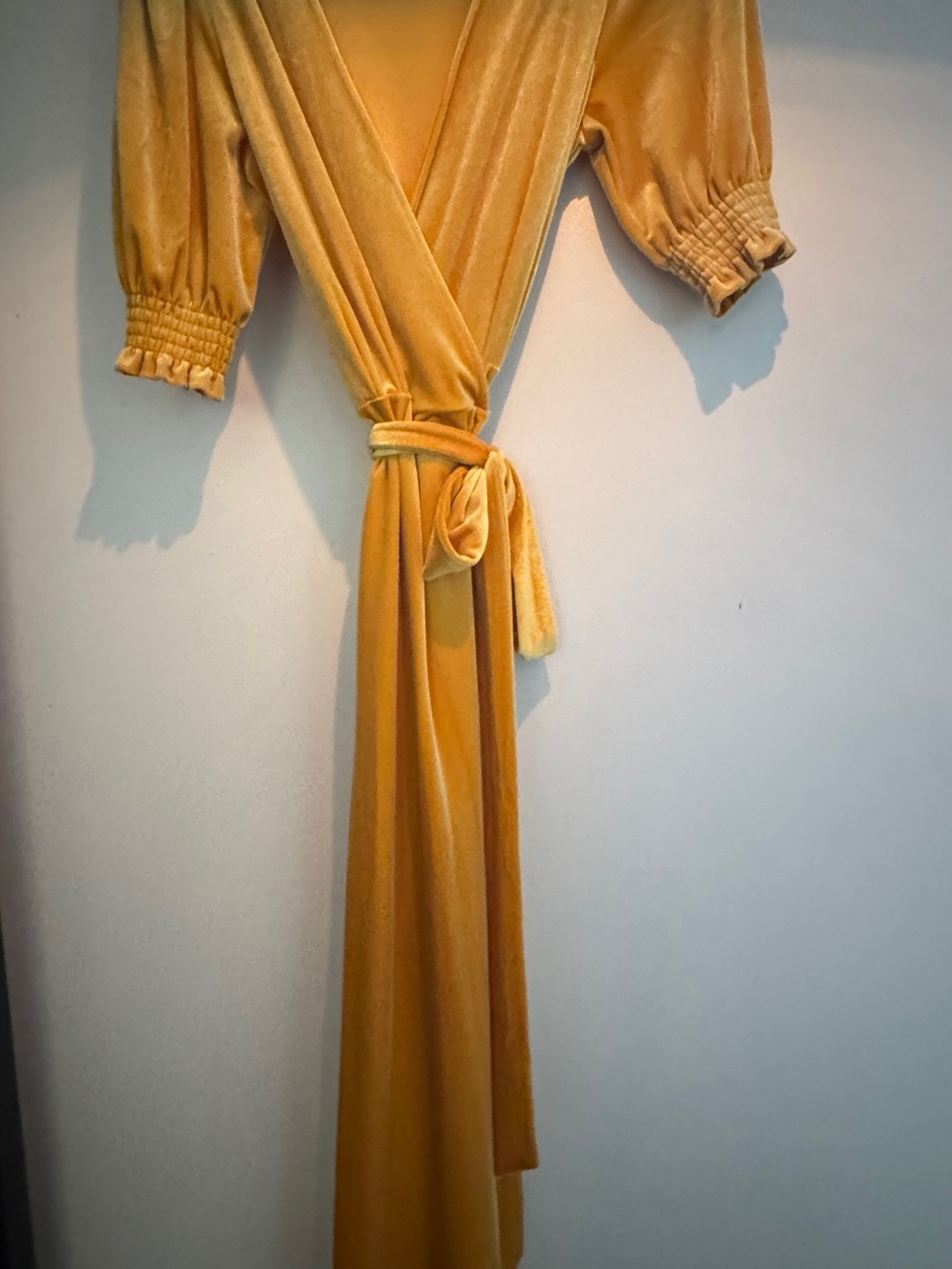 Women's Mustard Yellow Velvet Wrap Dress with Self Tie